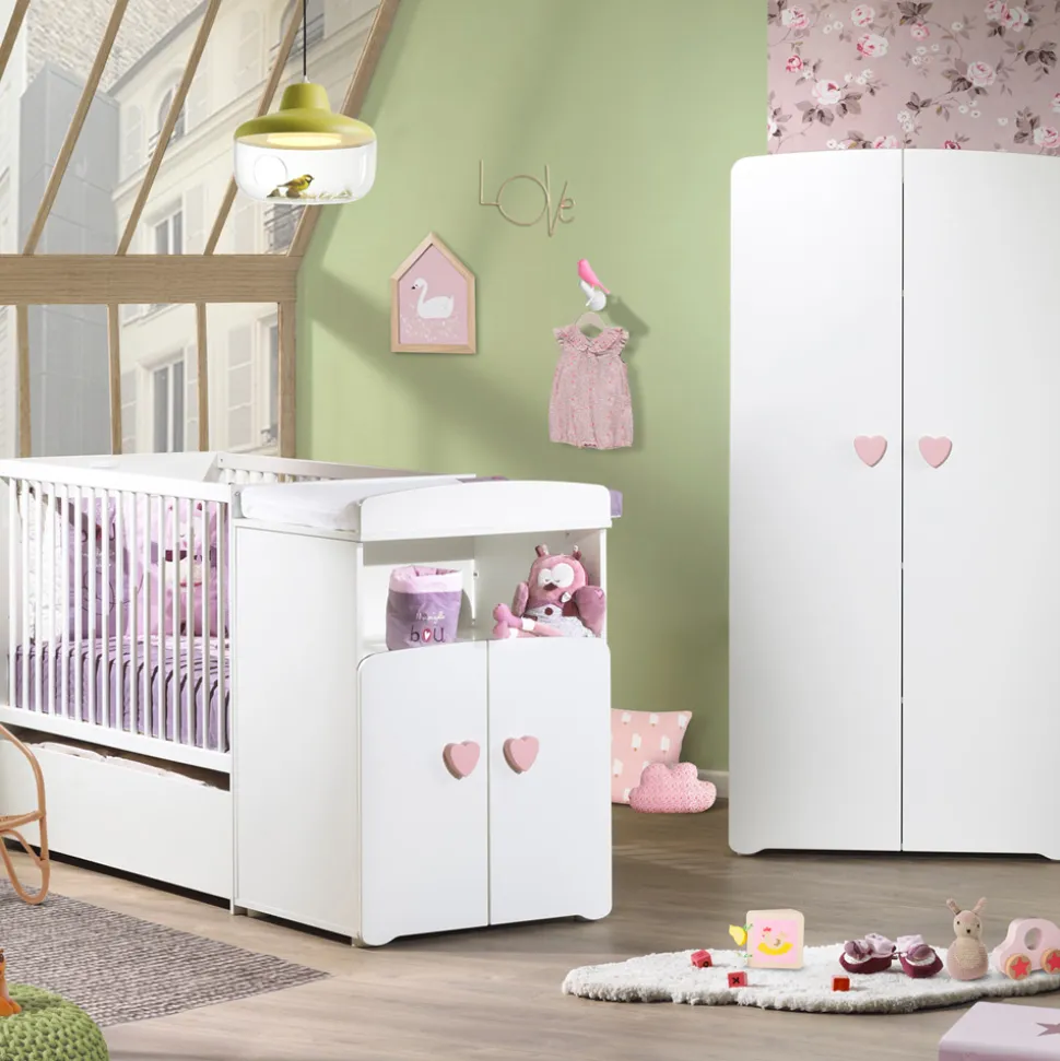 Lit bébé combiné évolutif 60x120 en 90x190 boutons coeur rose