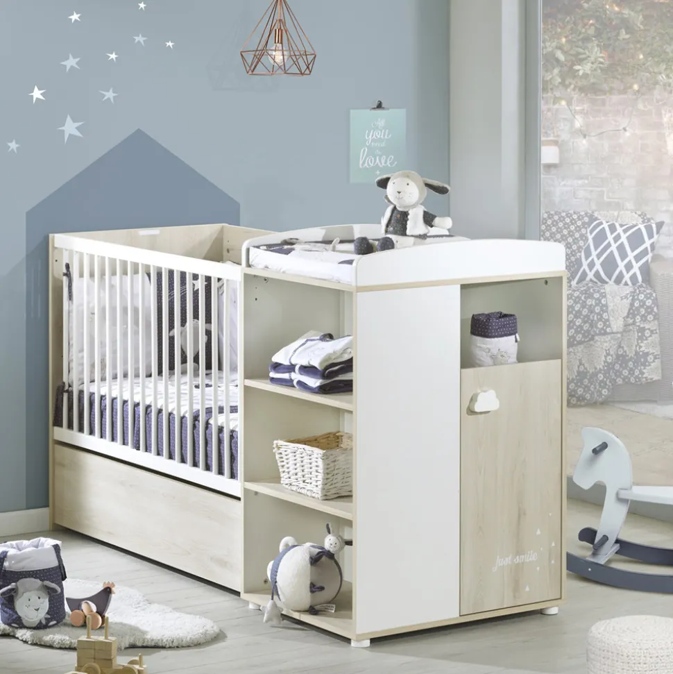 Lit bébé combiné évolutif 60x120 en 90x190 smile hêtre cendré