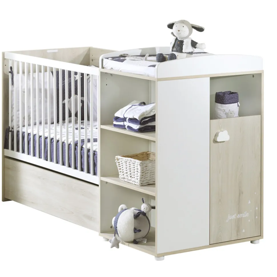 Lit bébé combiné évolutif 60x120 en 90x190 smile hêtre cendré