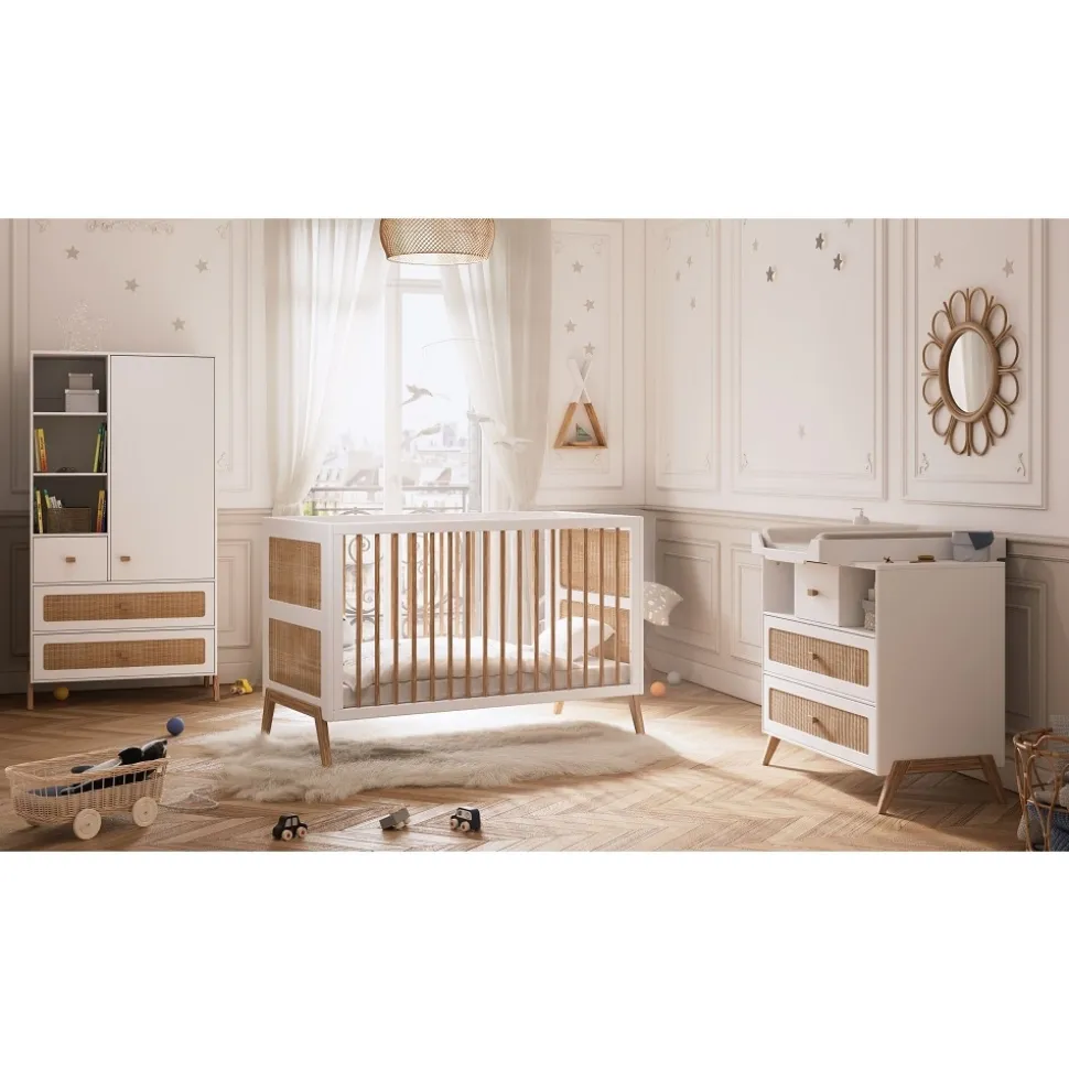 Lit bébé évolutif marélia tressage rotin 70x140 cm neige