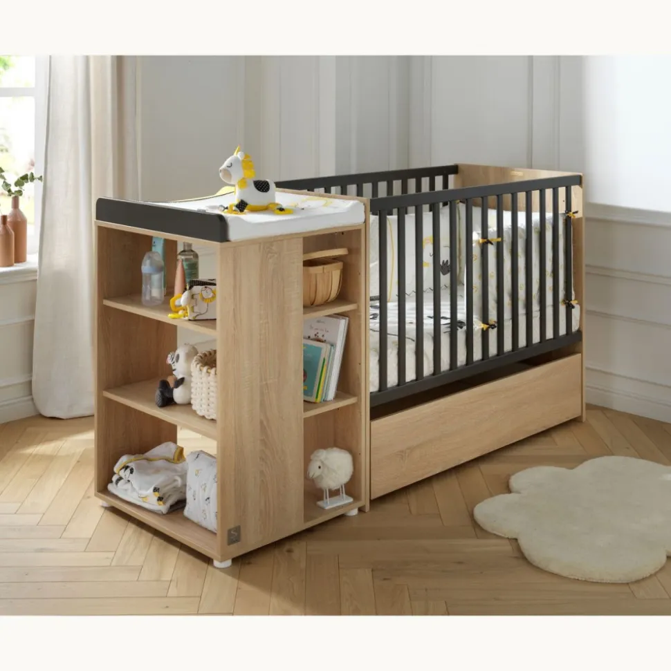 Lit évolutif bébé combiné 60x120 cm en 90x190 cm + tiroir de lit nova gris volcan