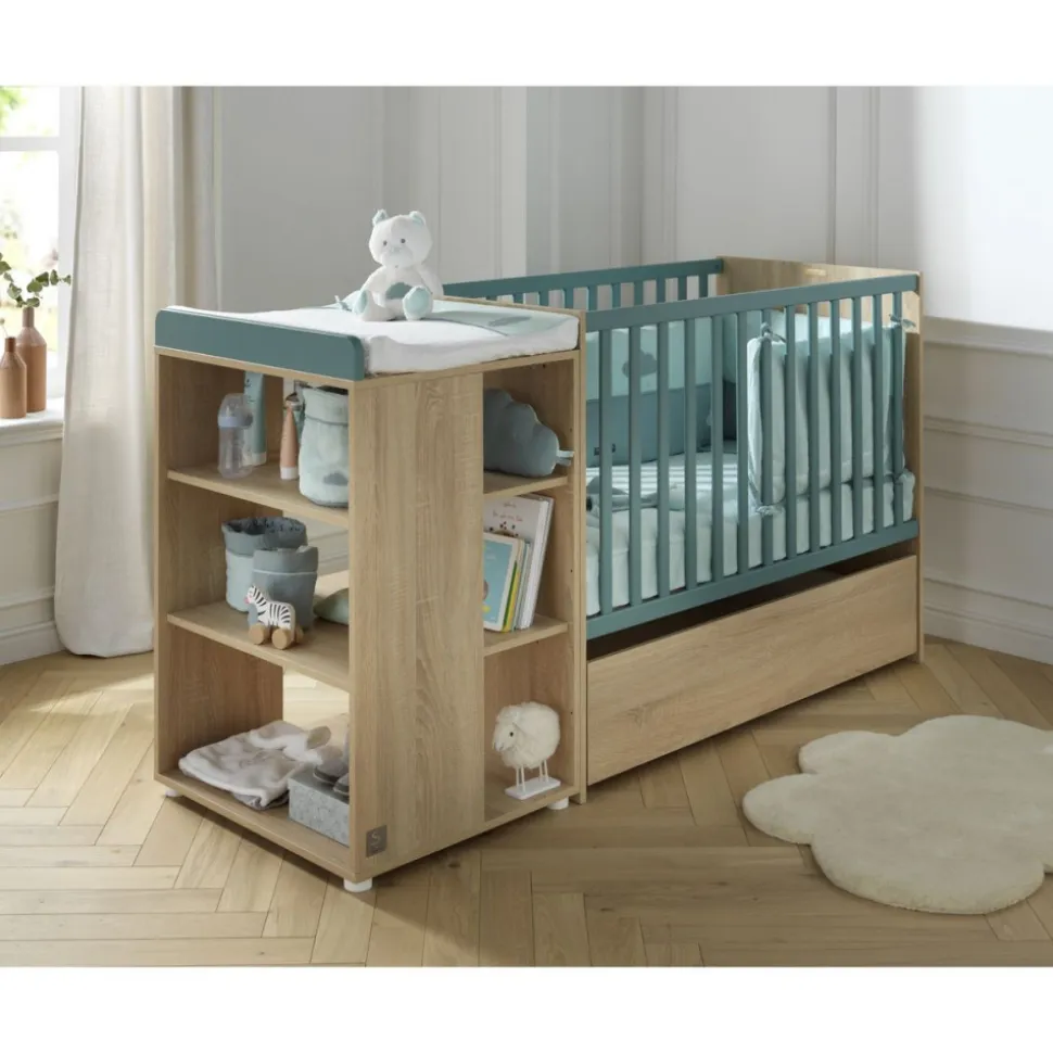 Lit évolutif bébé combiné 60x120 cm en 90x190 cm + tiroir de lit nova argile douce