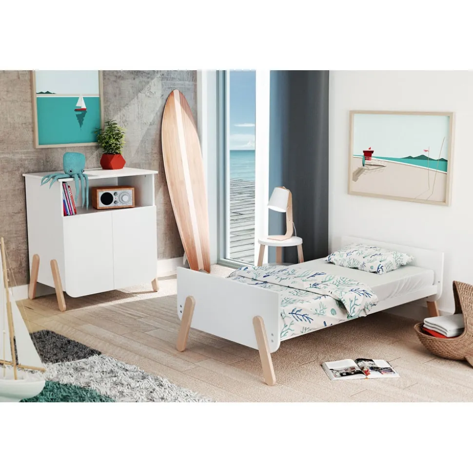 Lit évolutif 70x140 cm pirate blanc et hêtre verni