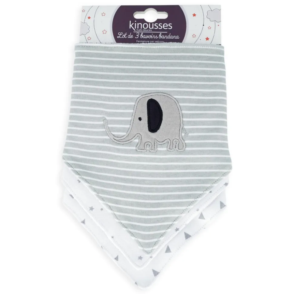 Lot de 3 bavoirs en coton elephant gris