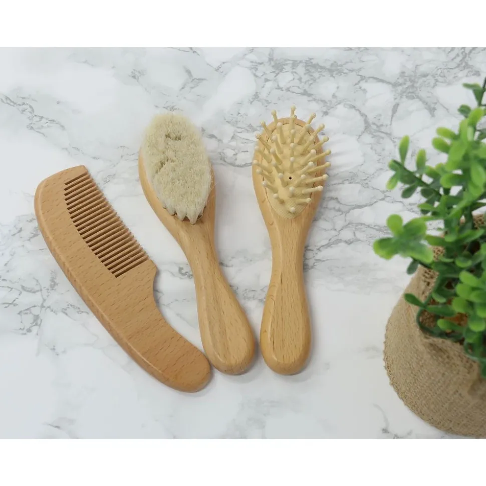 Lot de 3 brosses de soins pour bébés en bois naturel