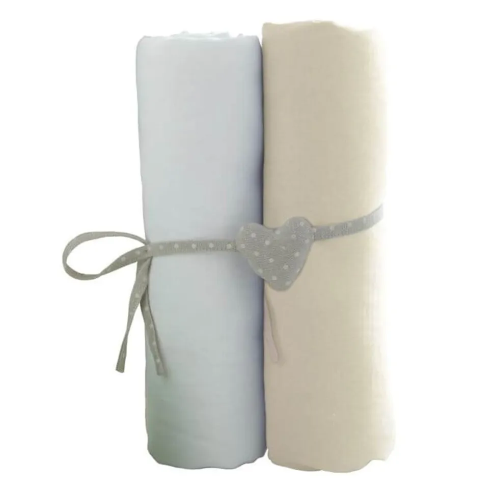 Lot de 2 draps housse blanc / ecru 70 x 140 cm