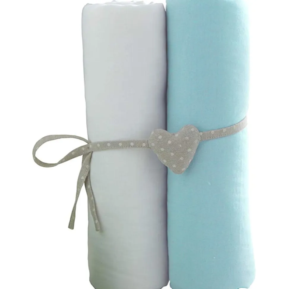 Lot de 2 draps housse blanc / turquoise 70 x 140 cm