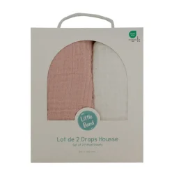 Lot de 2 draps housse double gaze 60 x120 cm - ecru / vieux rose