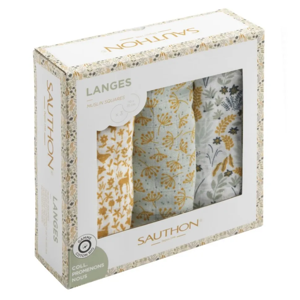 Lot de 3 langes coton bio 70 x 70 promenons nous