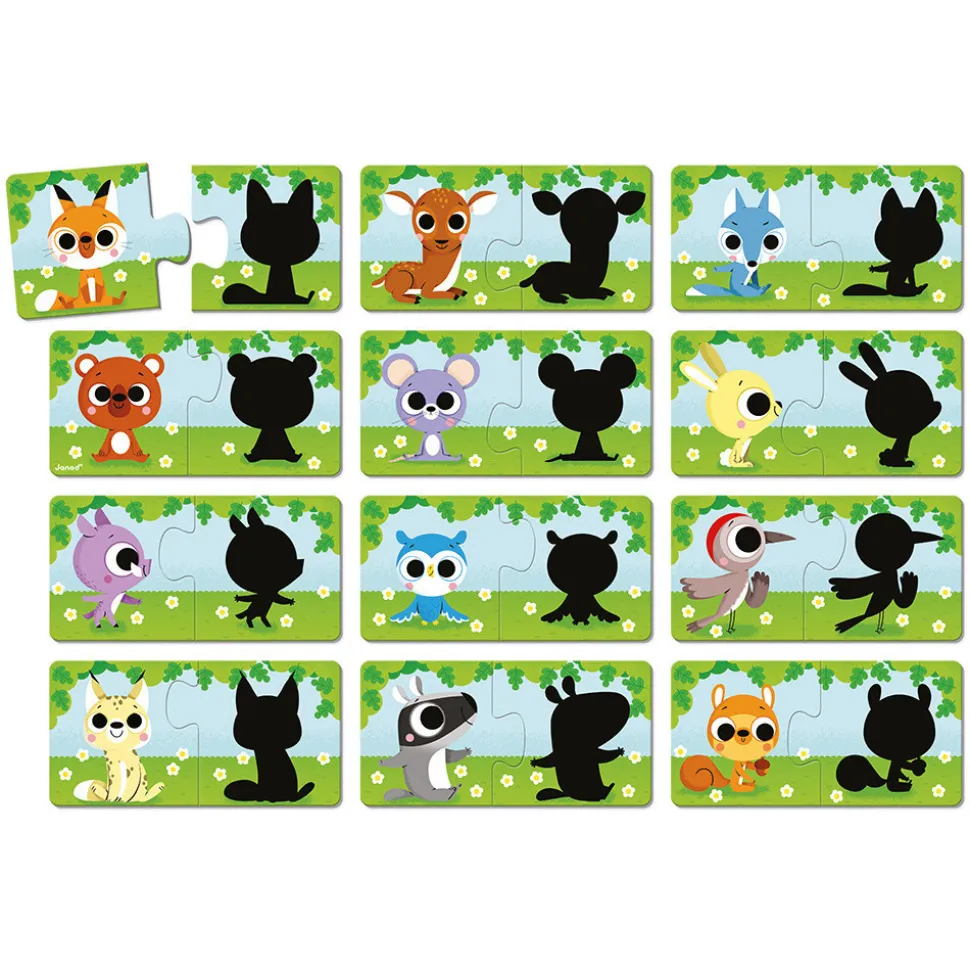 Lot de 12 puzzles de 2 pièces les animaux et leur ombre