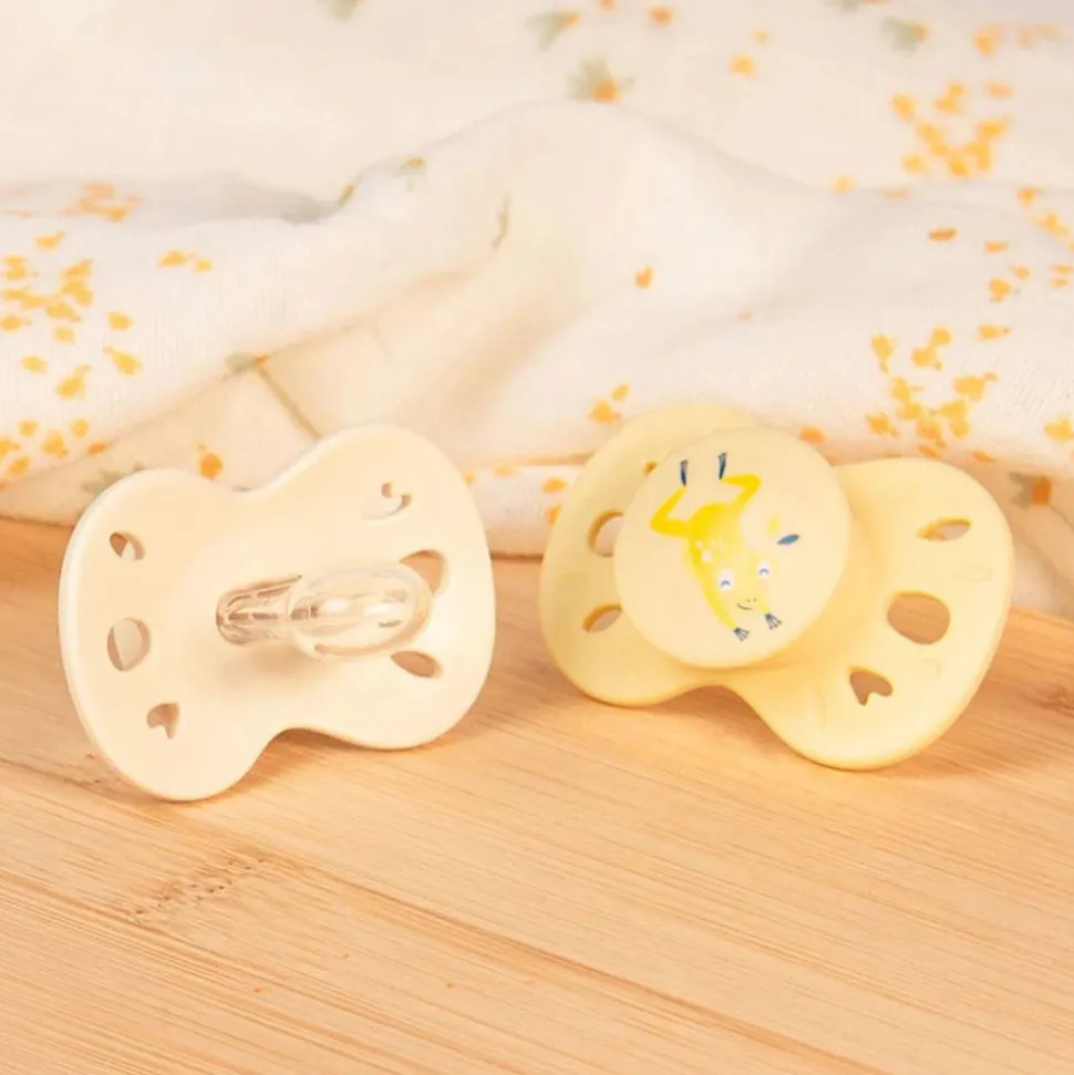 Lot de 2 sucettes anatomiques 0-6 mois animaux jaune et beige
