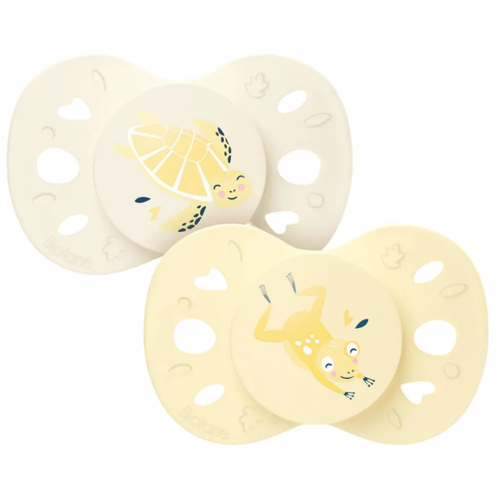 Lot de 2 sucettes anatomiques 0-6 mois animaux jaune et beige
