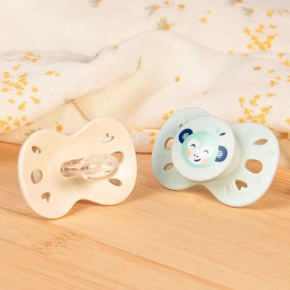 Lot de 2 sucettes anatomiques 6-18 mois animaux vert et beige