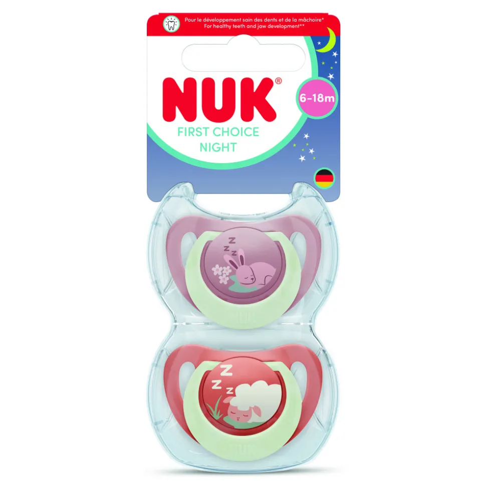 Lot de 2 sucettes nuit phosphorescentes first choice 6-18 mois lapin/mouton