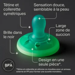 Lot de 4 sucettes silicone bébé 6-18 mois phosphorescentes