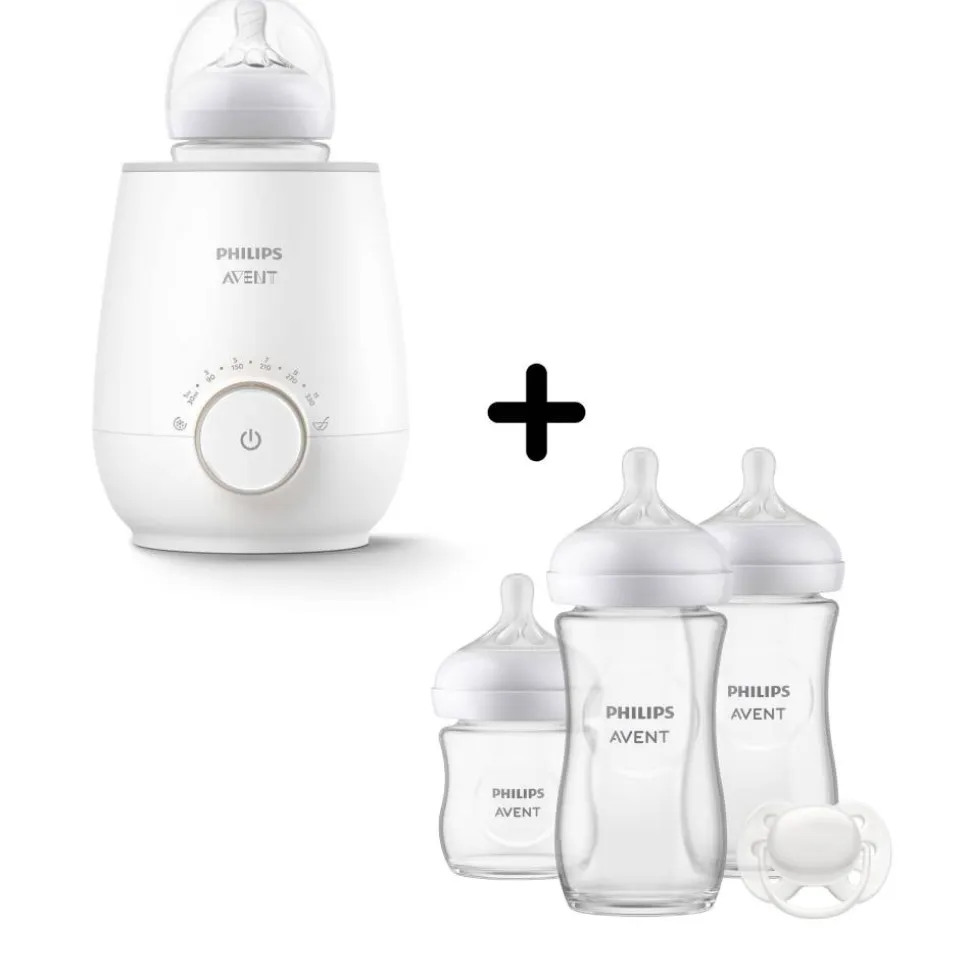 Pack chauffe biberon électrique scf358/00 + coffret 3 biberons natural response verre + 1 sucette scd878/11
