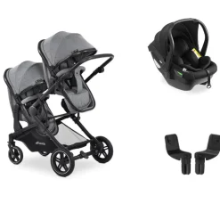 Pack duo poussette double atlantic jumeaux grey+ 1 siège auto drive n care avec adaptateurs