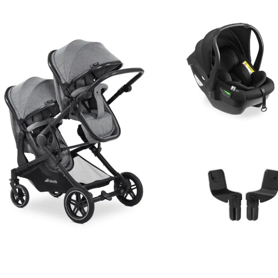 Pack duo poussette double atlantic jumeaux grey+ 1 siège auto drive n care avec adaptateurs