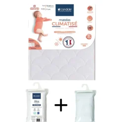 Pack matelas bébé climatisé + alèse blanc + drap housse blanc - 70x140 cm