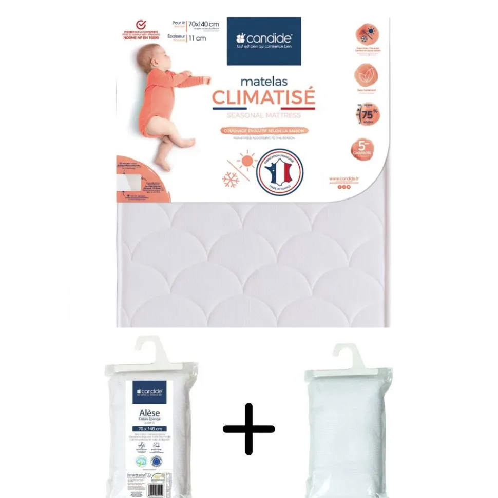 Pack matelas bébé climatisé + alèse blanc + drap housse blanc - 70x140 cm