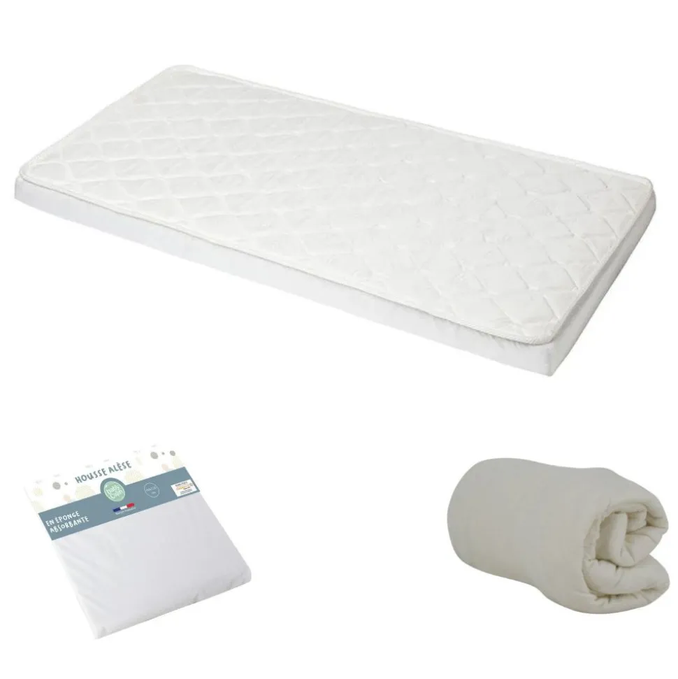 Pack matelas bébé climatisé + alèse blanc + drap housse écru - 60 x 120 cm
