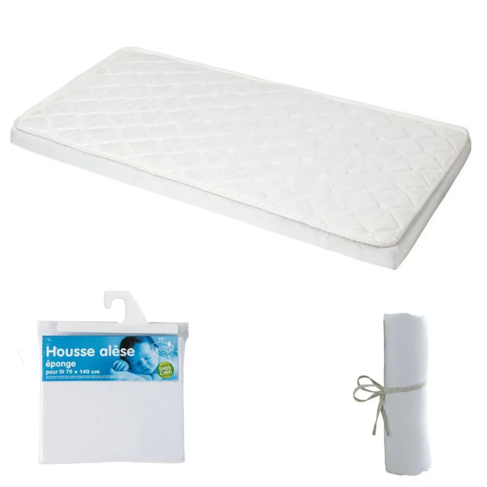 Pack matelas bébé climatisé + alèse blanc + drap housse blanc - 70 x 140 cm