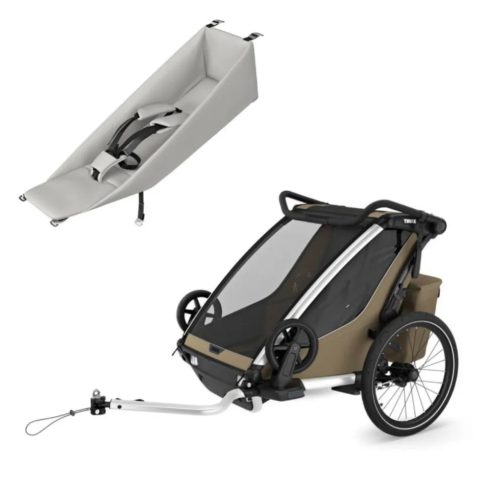 Pack remorque vélo chariot cross 2 faded khaki + assise pour nouveau-né infant sling