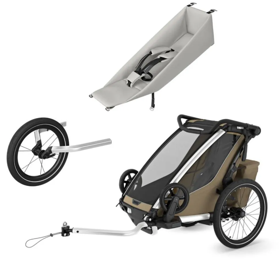 Pack remorque vélo chariot cross 1 faded khaki + assise pour nouveau-né infant sling + kit jogging