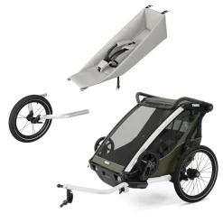 Pack remorque vélo chariot lite 2 places vintage green + assise pour nouveau-né infant sling + kit jogging