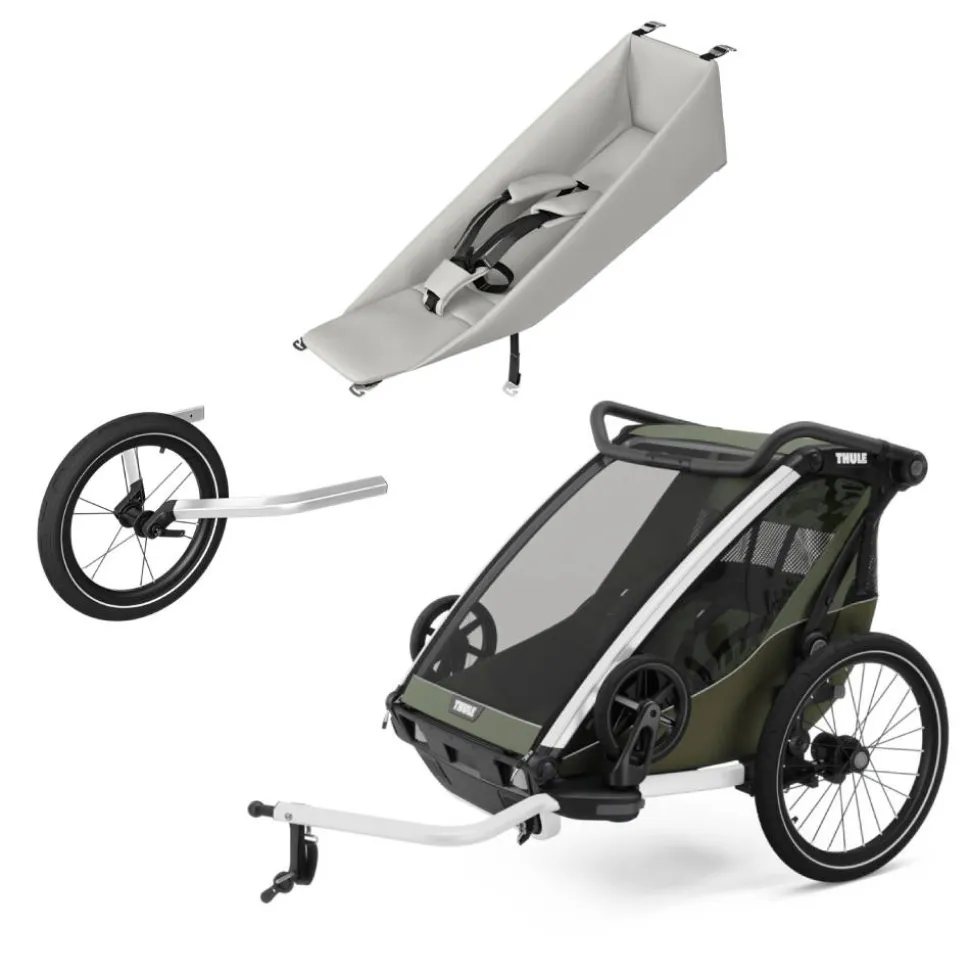 Pack remorque vélo chariot lite 2 places vintage green + assise pour nouveau-né infant sling + kit jogging