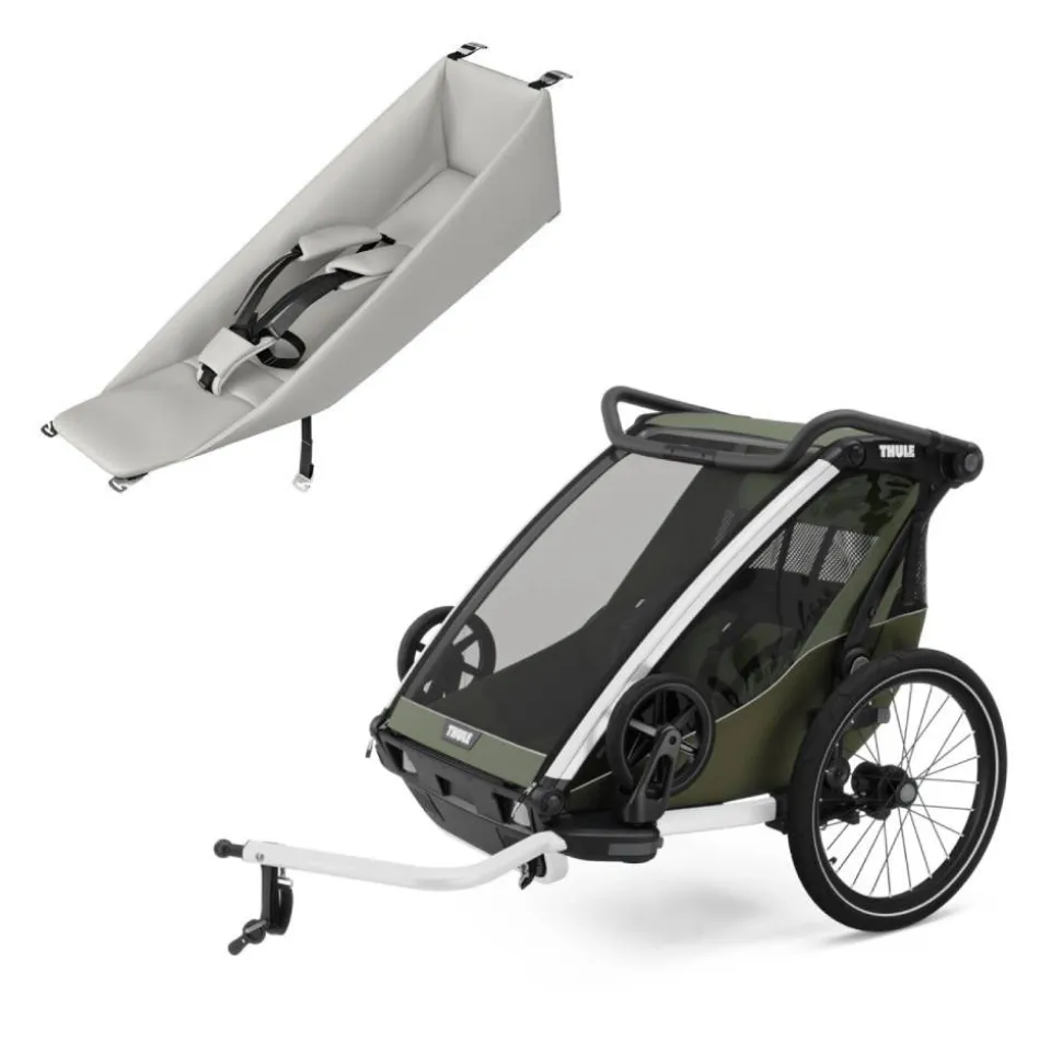 Pack remorque vélo chariot lite 2 places vintage green + assise pour nouveau-né infant sling