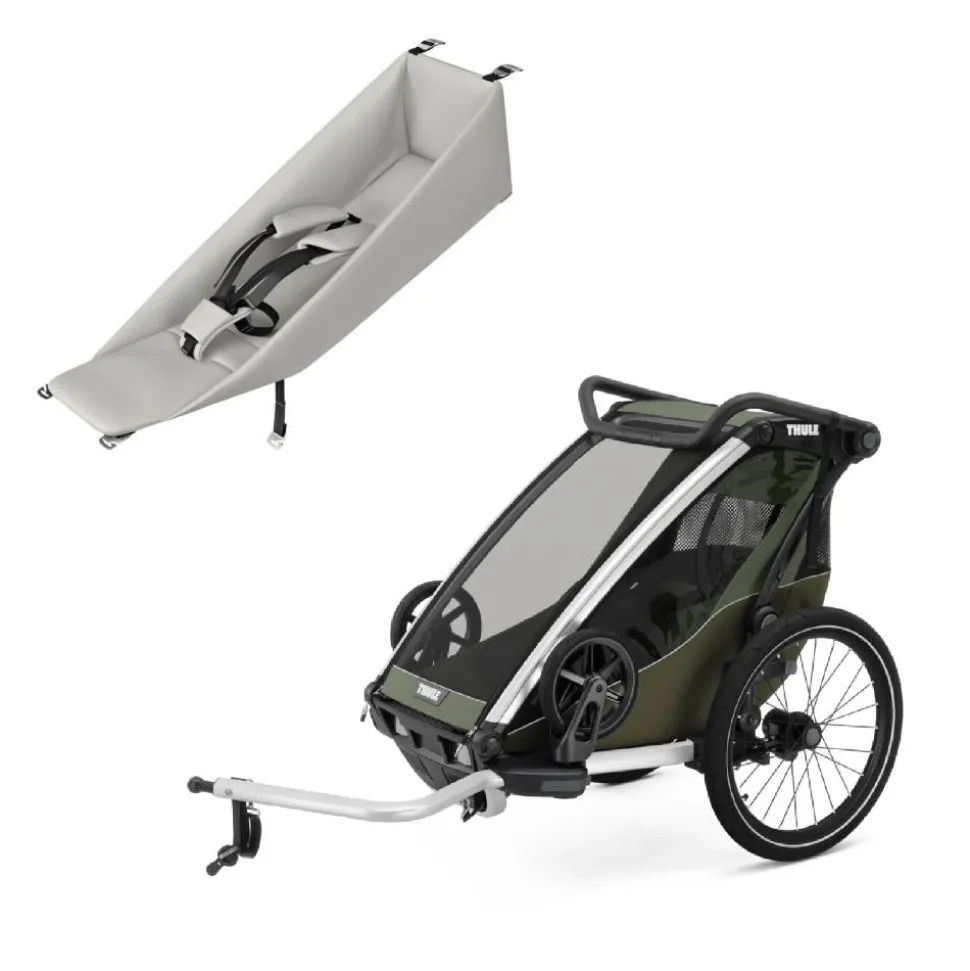 Pack remorque vélo chariot lite 1 place vintage green + assise pour nouveau-né infant sling