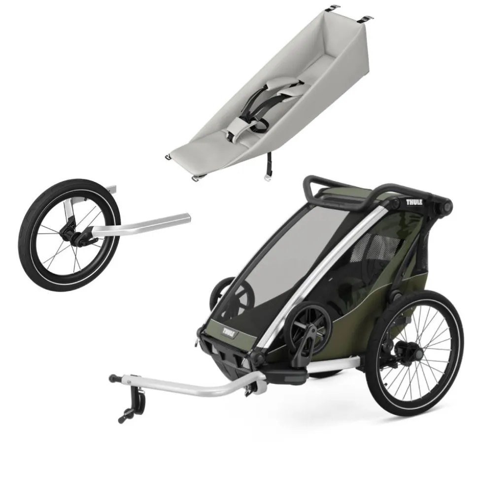 Pack remorque vélo chariot lite 1 place vintage green + assise pour nouveau-né infant sling + kit jogging