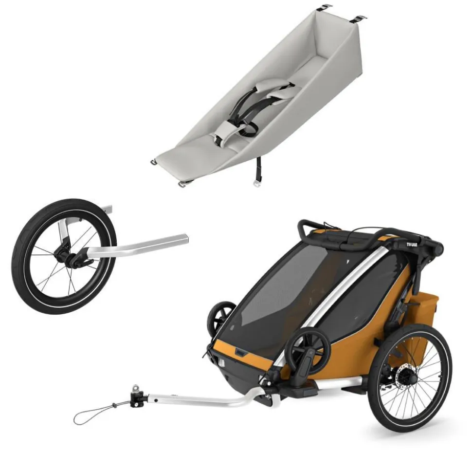 Pack remorque vélo chariot sport 2 natural gold + assise pour nouveau-né infant sling + kit jogging