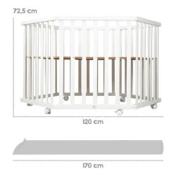 Parc bébé hexagonal sur roulettes bois blanc et tapis de parc gris
