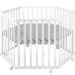 Parc bébé hexagonal sur roulettes bois blanc et tapis de parc gris