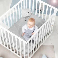 Parc bébé 75 x 100 cm bois blanc et tapis de parc gris