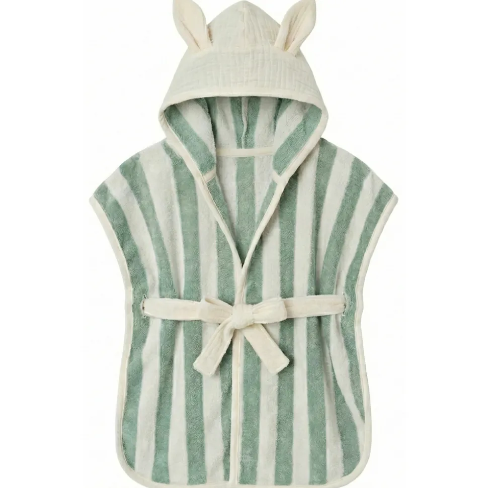 Peignoir bambou et gaze de coton rayée ivoire/ vert de gris 0/2ans