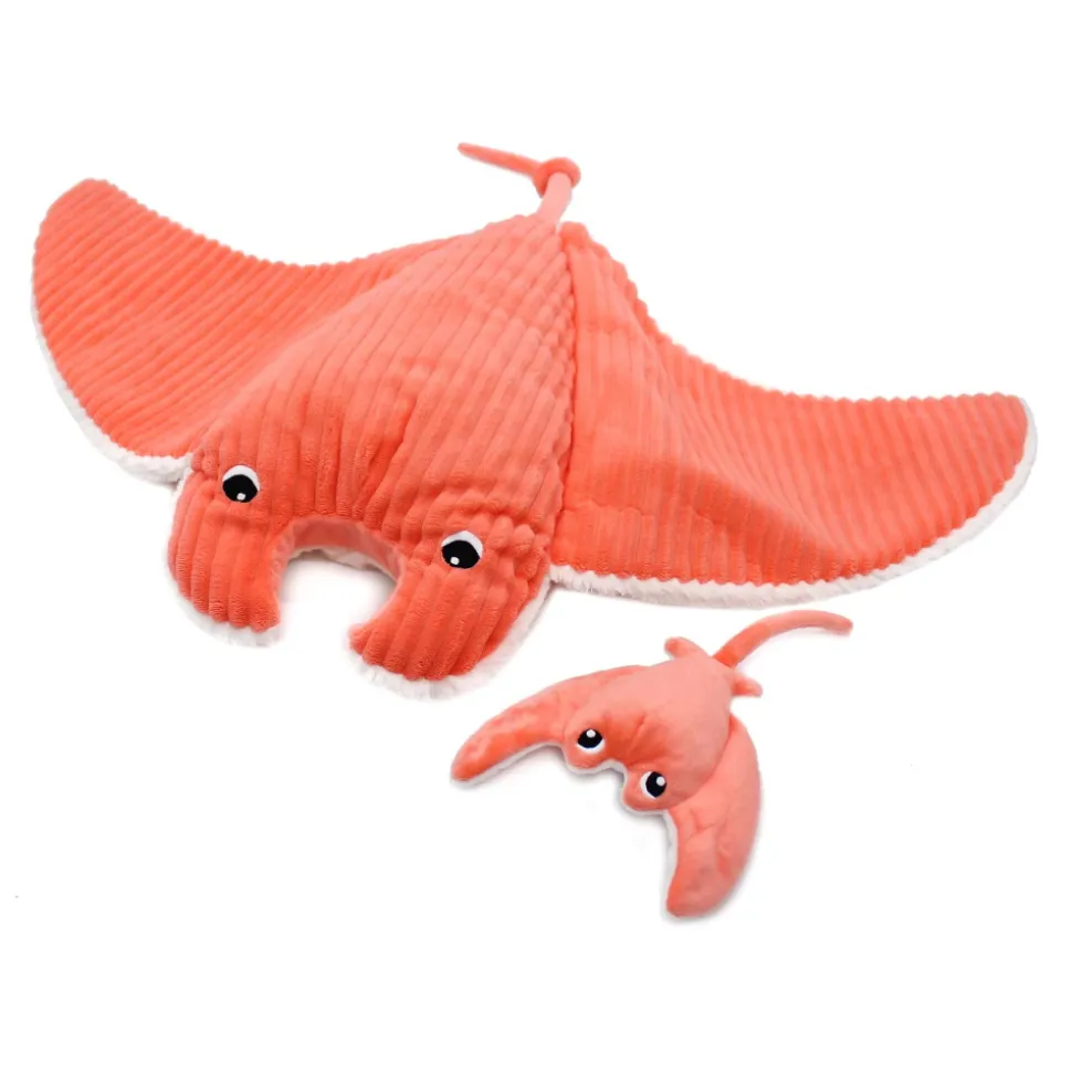 Peluche géante les ptipotos raie manta et son bébé mantalou corail