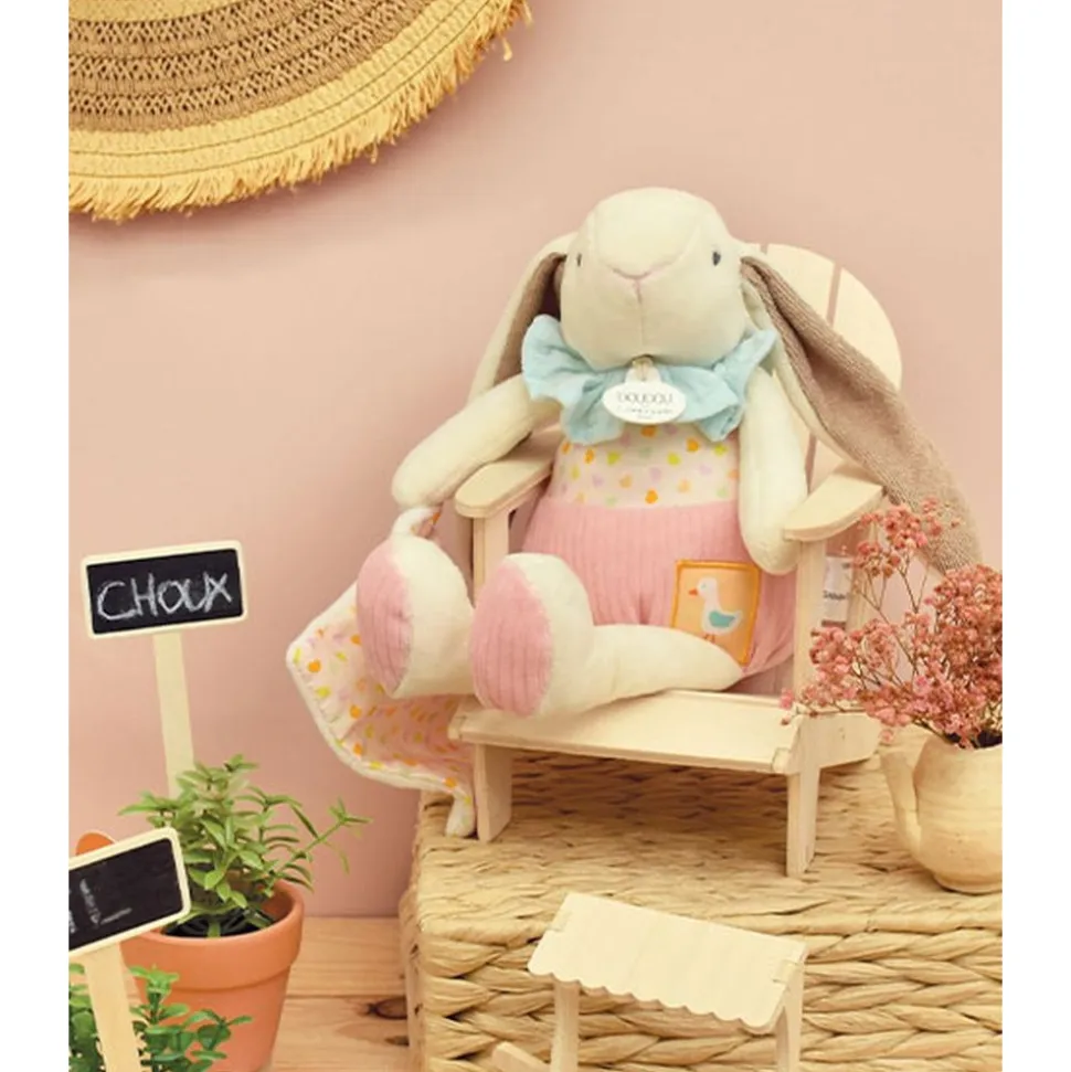 Peluche lapin rose avec son doudou