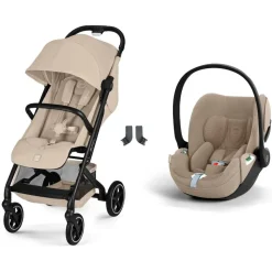 Poussette duo beezy 4 compacte almond beige avec siège auto cloud t i-size tissu plus