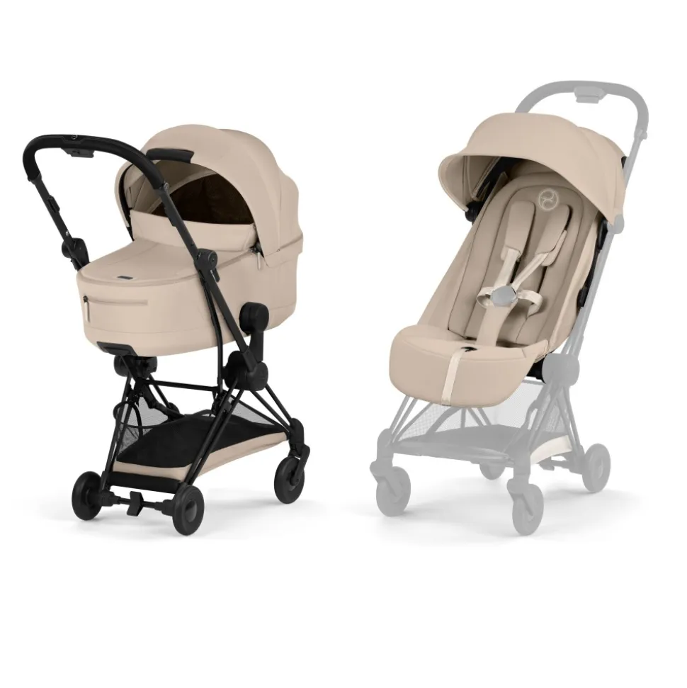 Poussette duo compacte coya 2 avec nacelle pliable châssis matt black cozy beige
