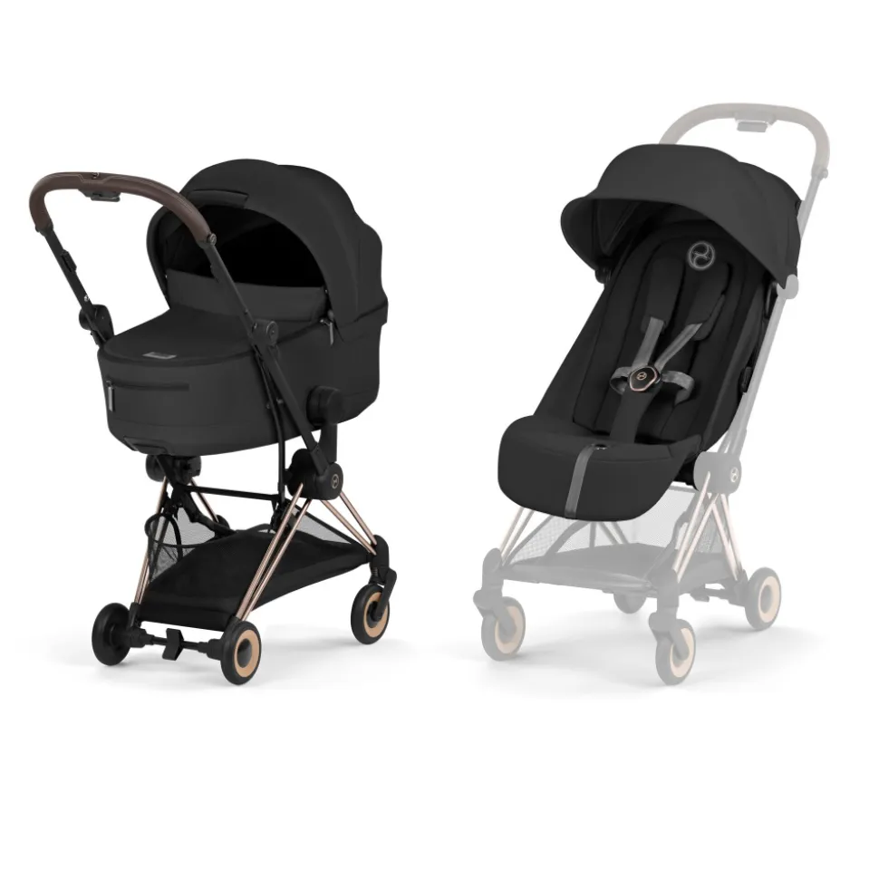 Poussette duo compacte coya 2 avec nacelle pliable châssis rosegold sepia black