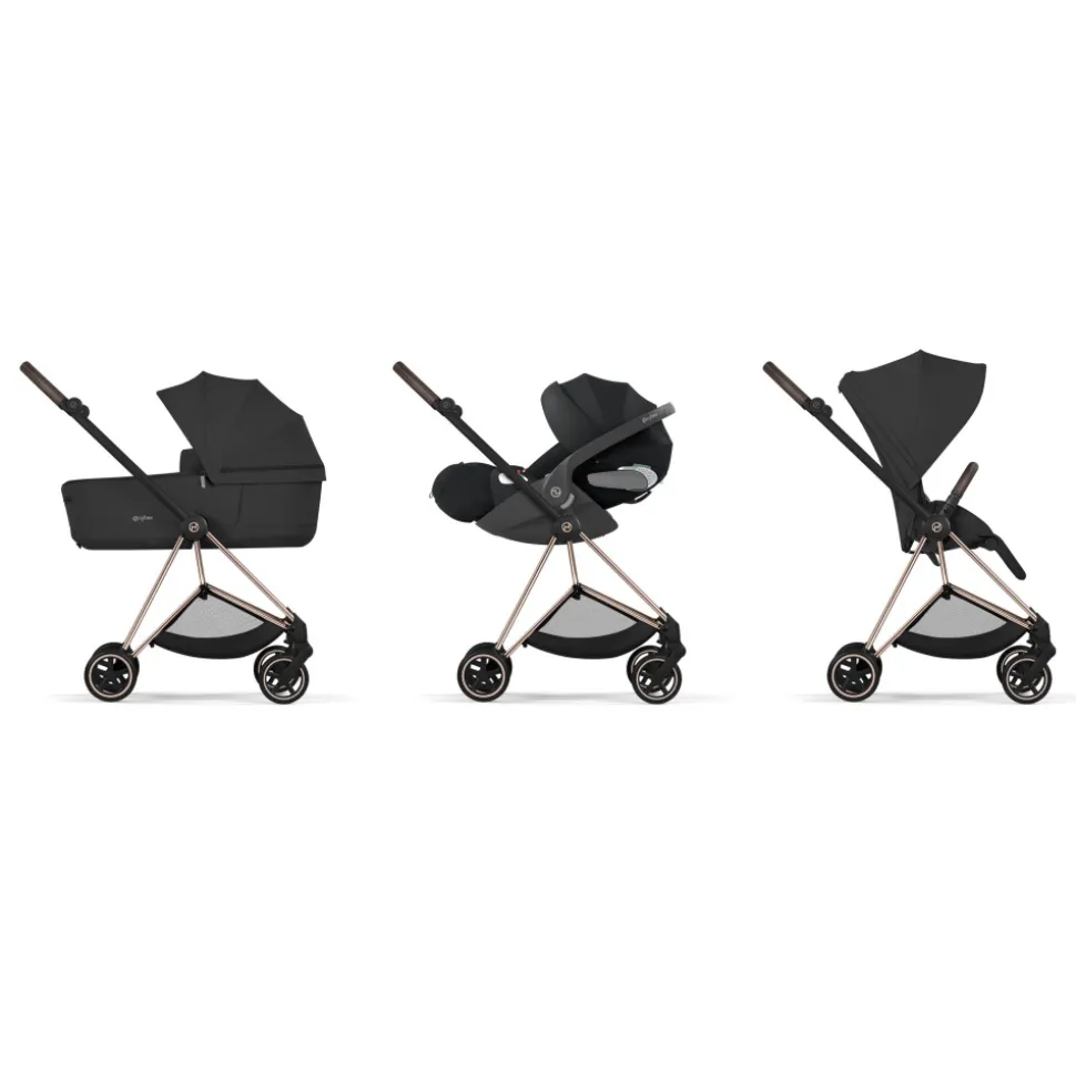 Poussette duo compacte mios 4 avec nacelle pliable châssis rosegold sepia black