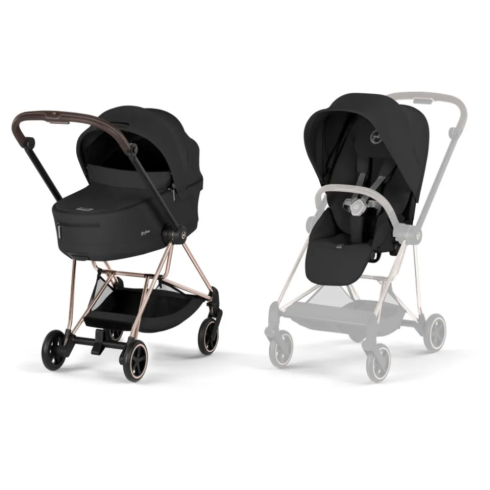 Poussette duo compacte mios 4 avec nacelle pliable châssis rosegold sepia black