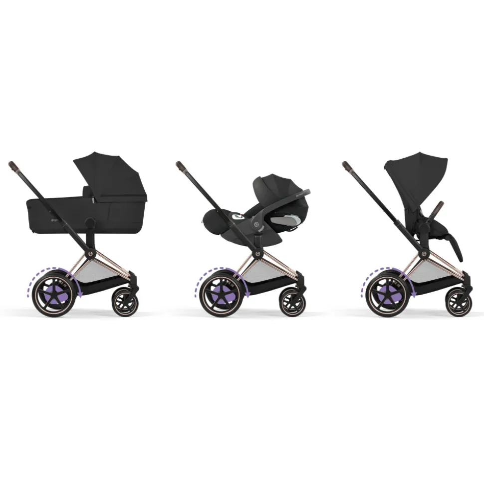 Poussette duo électrique e-priam 3 avec nacelle pliable châssis rosegold sepia black
