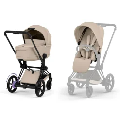 Poussette duo électrique e-priam 3 avec nacelle pliable châssis matt black cozy beige