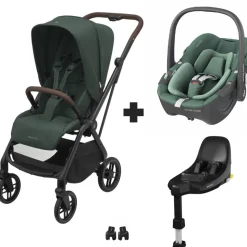 Poussette duo leona 2 + siège auto pebble 360 essential green + base familyfix 360