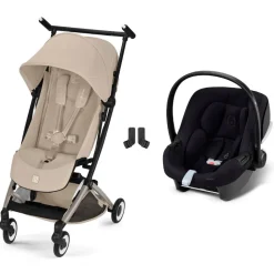 Poussette duo libelle 5 ultra compacte almond beige avec siège auto aton b2 i-size