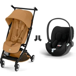 Poussette duo libelle 5 ultra compacte cinnamon yellow avec siège auto aton b2 i-size